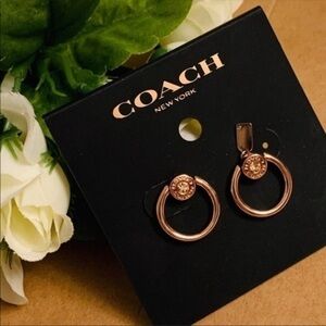 Coach Rose Gold Circle Hoop Earrings Crystal Signature Logo NWT